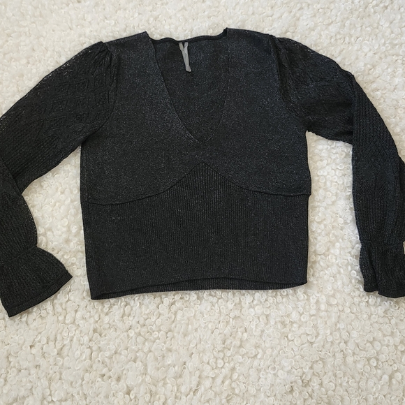 Anthropologie Sz L Metallic V-Neck Twofer Sweater Black Woven Sleeve Chic Night - Picture 4 of 15
